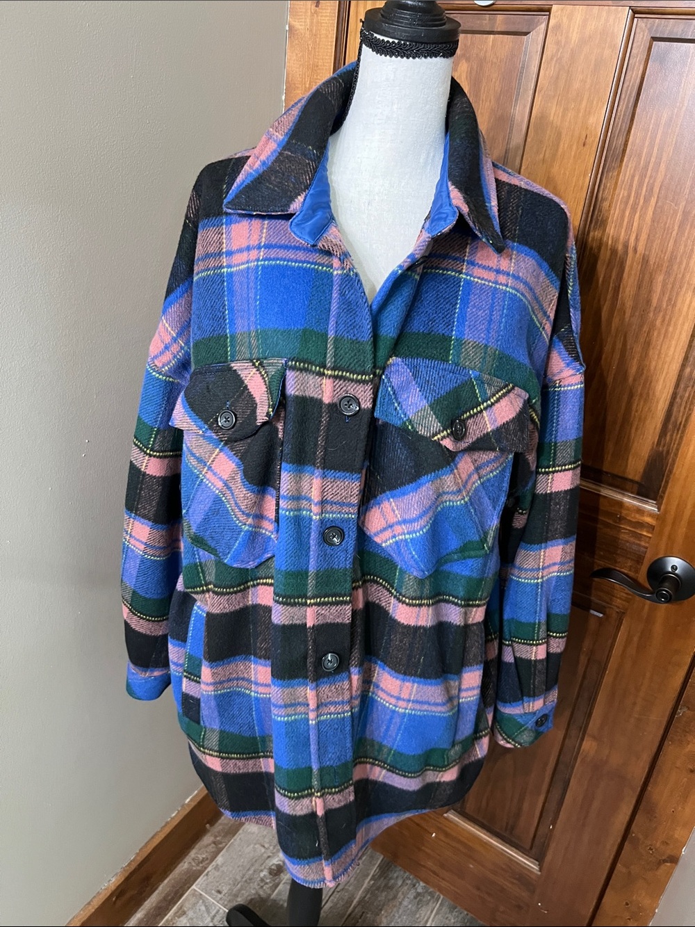 SO Plaid Utility Shacket Jacket in Blue, Pink & Black